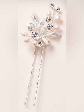Dareth Colburn freshwater pearl & Crystal Silver Floral Hair Pin bridal NWT